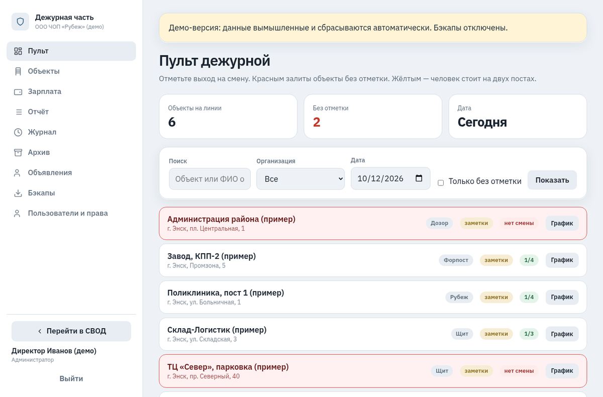 СВОД — Пульт дежурного (демо-данные)