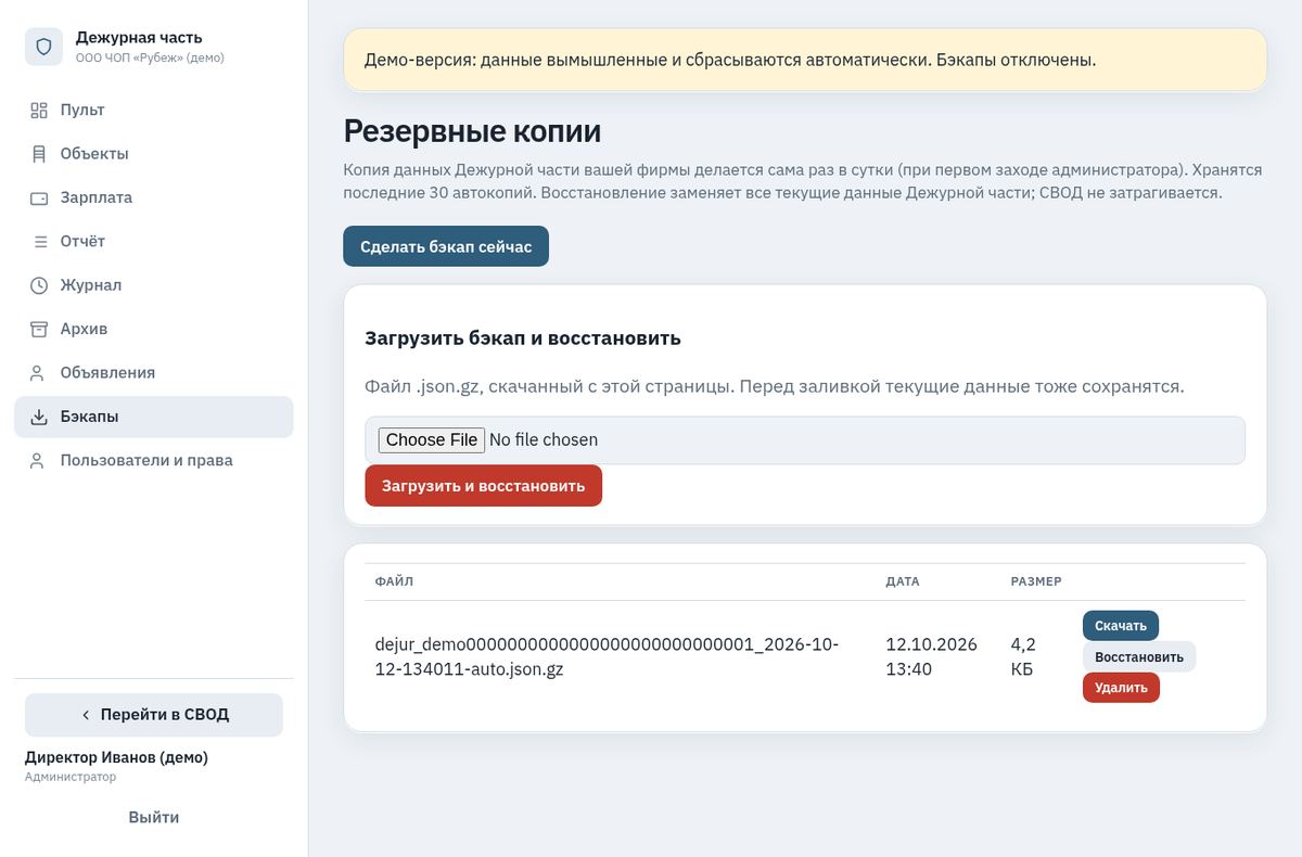 СВОД — Резервные копии (демо-данные)
